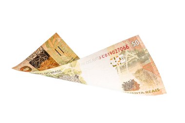 50 reais fatura, Brezilya 'dan gelen para, hızla düşüyor. Ekonomik kriz, kayıp veya durgunluk kavramı.