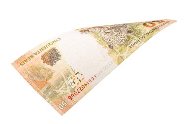 50 reais fatura, Brezilya 'dan gelen para, hızla düşüyor. Ekonomik kriz, kayıp veya durgunluk kavramı.
