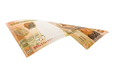 50 reais fatura, Brezilya 'dan gelen para, yavaşça düşüyor. Para yağmuru. Brezilya ekonomisi, serveti veya büyük ödülü kavramı.