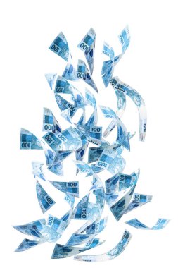 İzole edilmiş beyaz arka plana 100 Brezilya banknotu düşüyor. Servet, servet, para yağmuru ya da büyük şans kavramı.