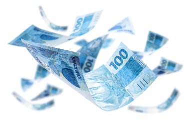 İzole edilmiş beyaz arka plana 100 Brezilyalı banknot düşüyor. Büyük ödül, piyango veya zenginlik konsepti.