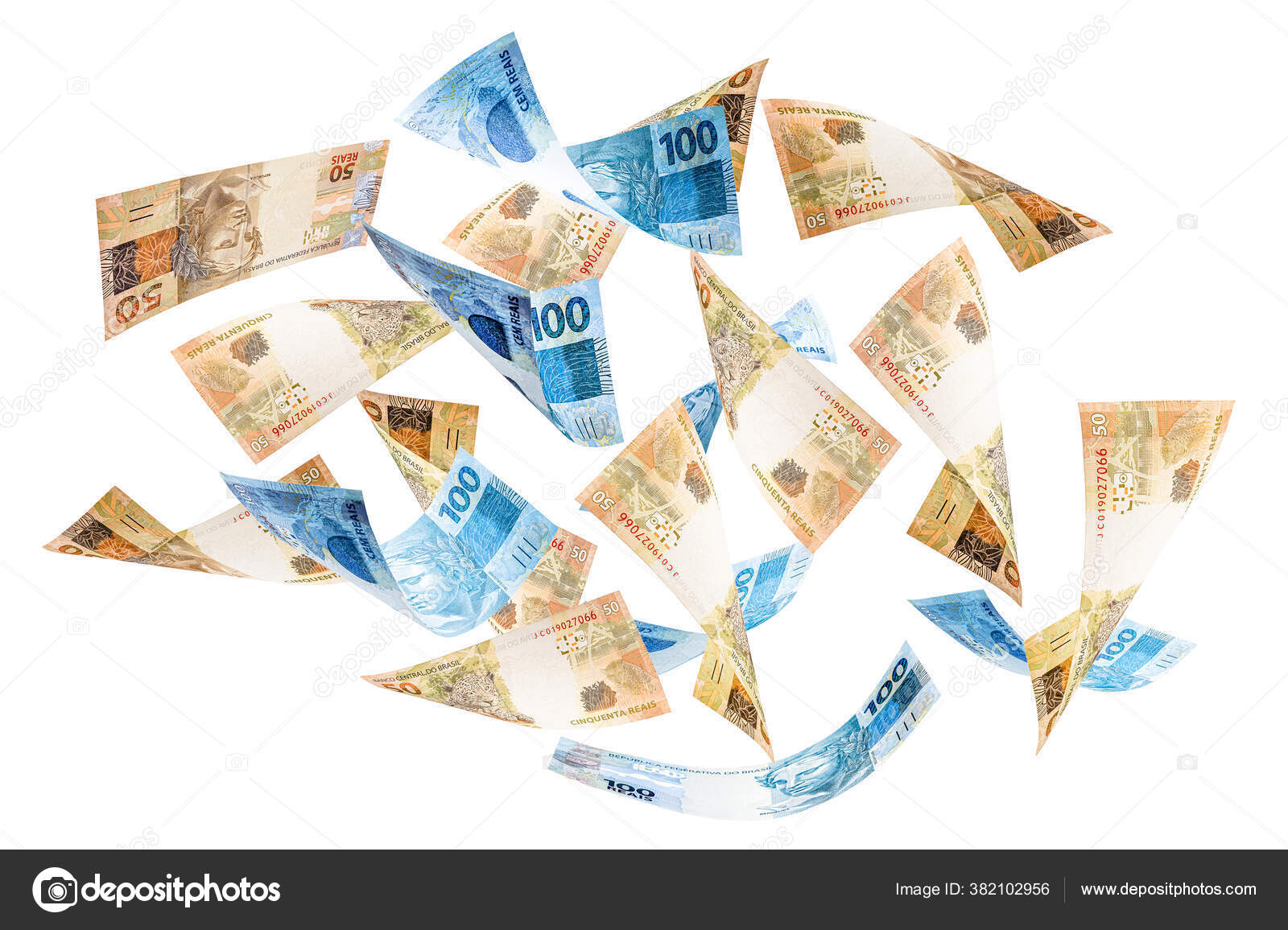 150 지폐가 떨어지고 브라질에서 고립된 배경에서 나옵니다 150 지폐가 날아가고 — 스톡 사진 © robertohunger  #382102956