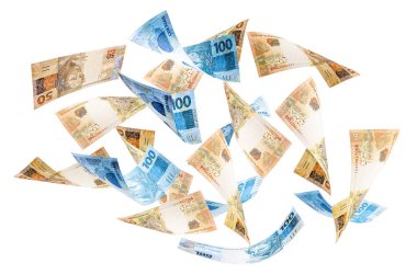 Elli yüz reais banknot düşüyor, Brezilya 'dan gelen para izole edilmiş beyaz arka planda. Yüz elli dolarlık uçuş, servet, büyük ödül ya da piyango konsepti.