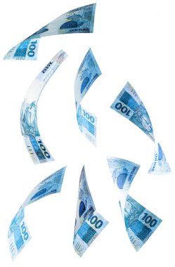 Brezilya 'dan gelen 100 reais' in banknotları izole edilmiş beyaz arka plana düşüyor. Brezilya para biriminin düşüşü, devalüasyon, ekonomik kriz.