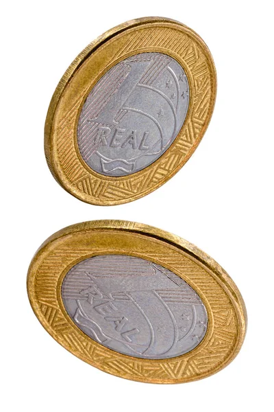 Caduta Una Moneta Reale Brasiliana Isolata Sfondo Bianco — Foto Stock