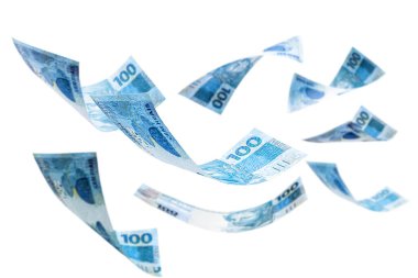 Brezilya 'nın izole edilmiş beyaz arka planına düşen 100 banknot. Büyük şans, piyango ya da para ödülü konsepti