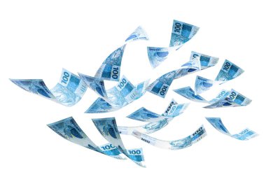 Brezilya 'dan gelen 100 reais' in banknotları izole edilmiş beyaz arka plana düşüyor. Düşen para kavramı, gerçek ya da finansal krizin devalüasyonu.