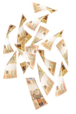 Brezilya 'nın 50 banknotunun izole edilmiş beyaz arka plana düşmesi. Büyük şans, piyango ya da para ödülü konsepti