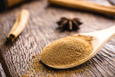 Bir kaşık pudra tarçın, hem tatlı hem de lezzetli gıdalarda kullanılan Cinnamomum cinsinin çeşitli ağaç kabuklarından elde edilen baharat.