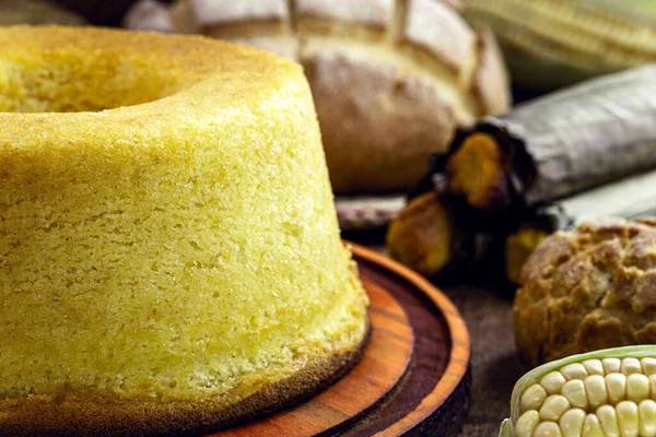 Tafel Met Maïskoekje Broa Bruninha Broa Typisch Braziliaanse Snoepjes Traditionele — Stockfoto