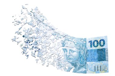 Havada buharlaşan 100 reais banknot, değer kaybeden para, finansal kriz ve Brezilya 'nın gerçek devalüasyonu.