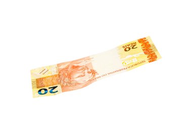 Brezilya 'dan 20 reais banknot, izole edilmiş beyaz arka planda Brezilya parası, düşüyor. Düşen ekonomi kavramı, ulusal para biriminin devamlılığı, kayıp veya durgunluk