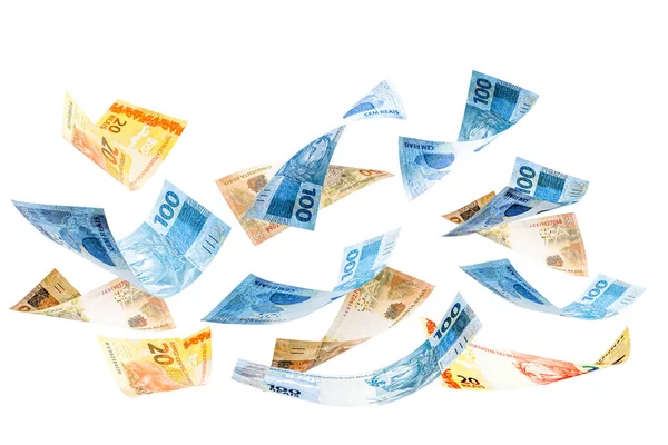 20,50 reais banknotlar düşüyor, Brezilya 'dan gelen para izole edilmiş beyaz arka planda. Para yavaş yavaş düşüyor