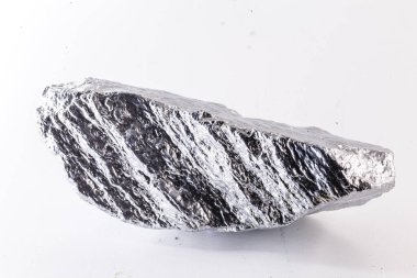 Macro shot of nickel metal ore piece isolated on a white background. Closeup photo of surprising shiny rough mineral, chrome stone, used in industry clipart