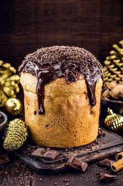 Çikolatalı panettone, sade ahşap arka planda izole edilmiş, yazı için yer var. Dünyanın çeşitli ülkelerinde tipik Noel tatlısı.