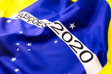 Kelime: ELEKsiyonlar 2020 Portekizce, Brezilya bayrağında, dakik odaklanma. Brezilya 'da belediye seçimleri kavramı