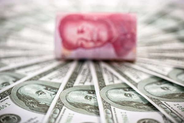 100 Dollar Banknotes Hundred Yuan Note Renminbi Concept Devaluation American — Stock Photo, Image