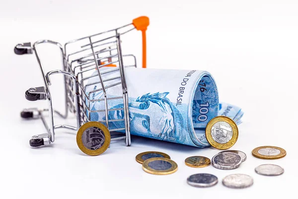 Brezilya Parası Yüz Dolarlık Banknotlar Paralar Yere Saçılmış Süpermarket Alışveriş — Stok fotoğraf