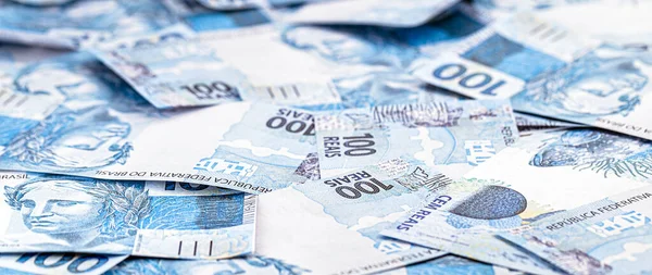 Muchos Billetes 100 Reales Brasileños Lanzados Caídos Concepto Crisis Financiera — Foto de Stock