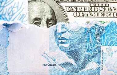Brezilya 'dan 100 reais' lik banknot. Amerikan 100 dolarlık banknot, değerli Amerikan parası konsepti, krizde Brezilya.
