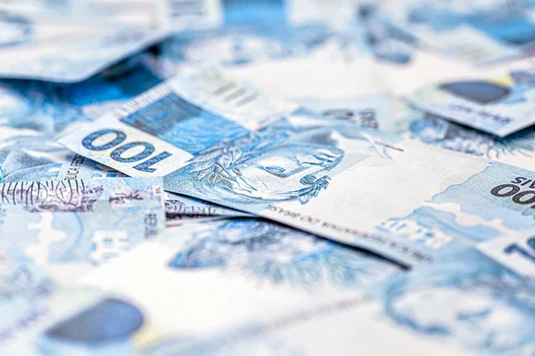 Billetes 100 Reales Brasileños Lanzados Concepto Economía Brasil Beneficio Premio — Foto de Stock