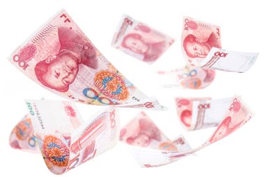 100 Yuan 'lık banknotlar bir araya geliyor, Renminbi veya rmb, Çin parası, düşüş, Çin ekonomisinin işgali