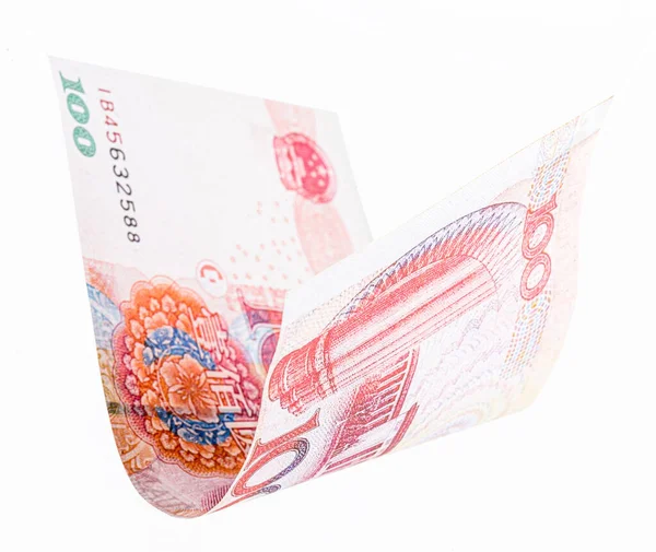 Vliegen Vanuit China Yuan Bankbiljet Witte Achtergrond Het Yuan Bankbiljet — Stockfoto