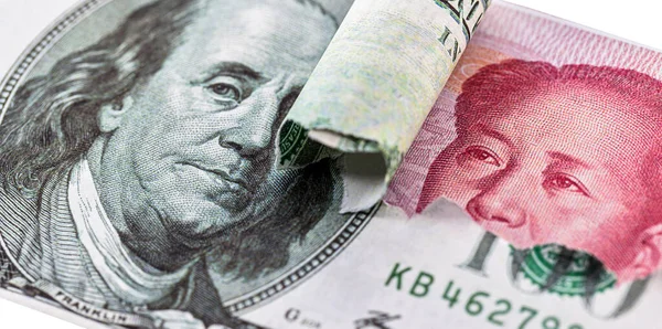 Banconota 100 Dollari Faccia Faccia Con Centinaio Banconota 100 Yuan — Foto Stock