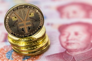 Çin dijital para birimi, dijital Yuan 'ın kavramsal görüntüsü, veya e-RMB, eski Yuan banknotları üzerinde