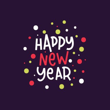 Parlak arka planda Happy New Year illüstrasyon için el çizim metni. Tebrik kartı. Parlak çok renkli harfler. Modern, şık el çizilmiş harfler. Kaligrafik yazıt. Mutlu Noeller.