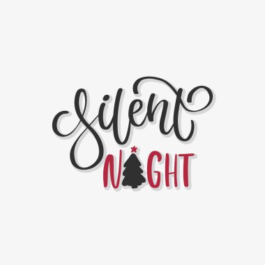 Sessiz gece. Noel ağacı. Mutlu Yeni Yıl illüstrasyon için el çizim metni. Tebrik kartı. Parlak renkli harfler. Modern, şık el çizilmiş harfler. Kaligrafik yazıt. Mutlu Noeller.