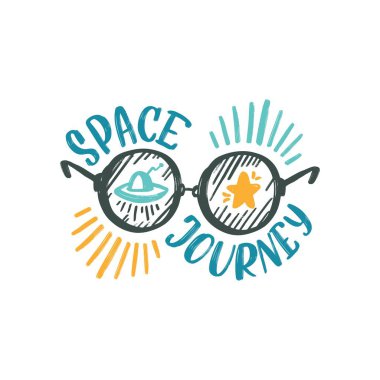 Uzay yolculuğu el dekoratif yazı çizilmiş, uzay tema vektör harfi ile, roket, yıldız, gezegen. T-shirt baskı ve diğer kullanımlar. Teklif. Vektör el boyaması illüstrasyon. Uçan daire ve camlar.