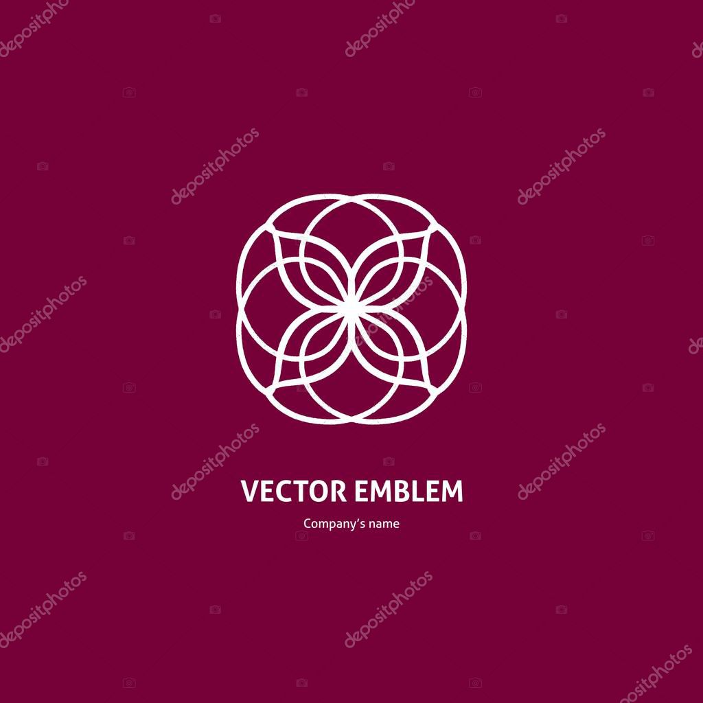 Gentle white beautiful circular logo for boutique, flower shop, business, interior. Company mark, emblem, element. Simple geometric mandala logotype. Kaleidoscope big bud. Surround abstract blossom.