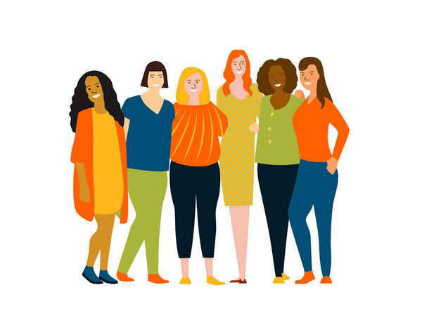 Caucasian, African, Asian, Indian women team. Group of happy and cheerful people, different ethnicity. Diversity concept.