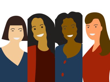 Kadın grubunun düz minimalist vektör: farklı etnik yapı-Kafkas, Afrika, Asya. 8 uluslararası kadın günü için çeşitlilik kavramı. Yakın çekim kadın portre.