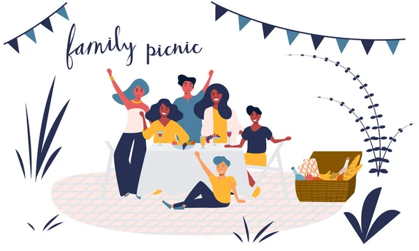 Glad ung familj har kul på en picknick i parken. Ler grupp människor med barn sitter, äta en god mat tillsammans, vilar i naturen. Sommaren utomhus fritidsaktivitet. Flat vektor isolerade. — Stock vektor