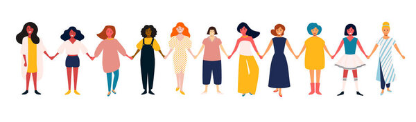 Diverse female group. African, mexican, indian, european women team. Girls power. Group of young happy smiling friends, standing together, symbol of feminists. Cartoon characters isolated, vector.