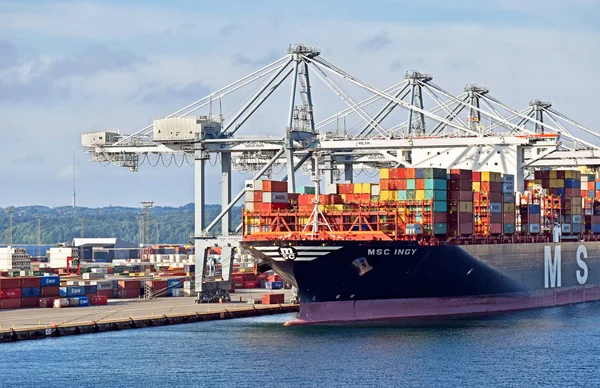 奥胡斯 2017年7月20日 集装箱船 Msc Ingy 已停靠在奥胡斯港 并正在装卸 拥有1 9万多个集装箱的装载能力 是世界上最大的集装箱船之一 — 图库照片