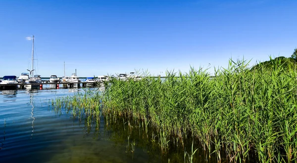 Ships Moored Fleesen Lake Jetty Ghren Lebbin Germany — Stock Photo, Image