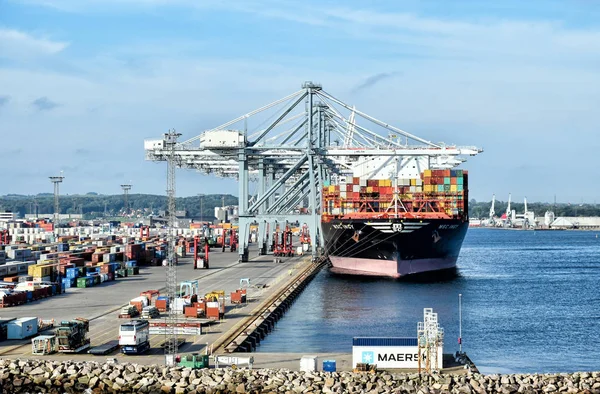 2017年7月20日 丹麦奥胡斯 集装箱船Msc Ingy停靠在奥胡斯港 正在装卸 — 图库照片