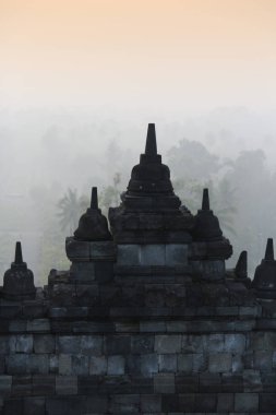 Gizemler orman şafakta, Yogyakarta, Endonezya çevreleyen ile siluet Borobudur Tapınağı