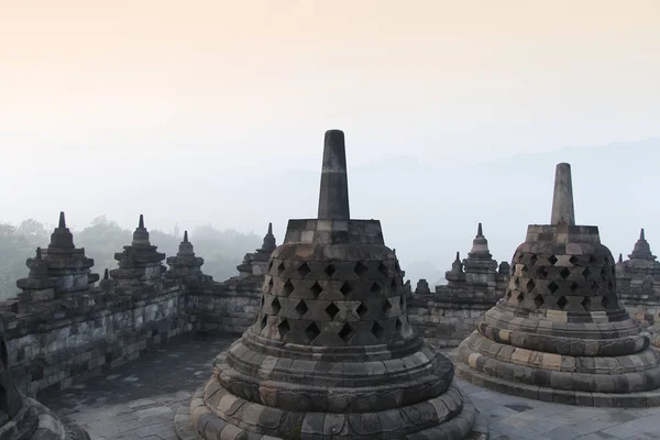 Gizemler orman şafakta, Yogyakarta, Endonezya çevreleyen ile siluet Borobudur Tapınağı
