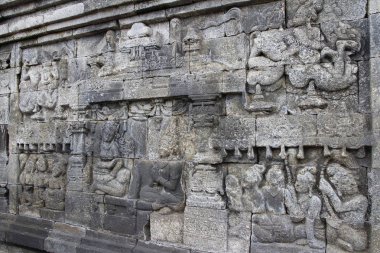 Güzel kısma duvar dekorasyonu Borobudur Tapınağı, Yogyakarta, Endonezya taşa oyulmuş 