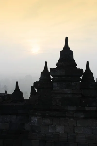 Silhouet Borobudur Tempel Met Mysteries Bos Omgeving Bij Dageraad Yogyakarta — Stockfoto