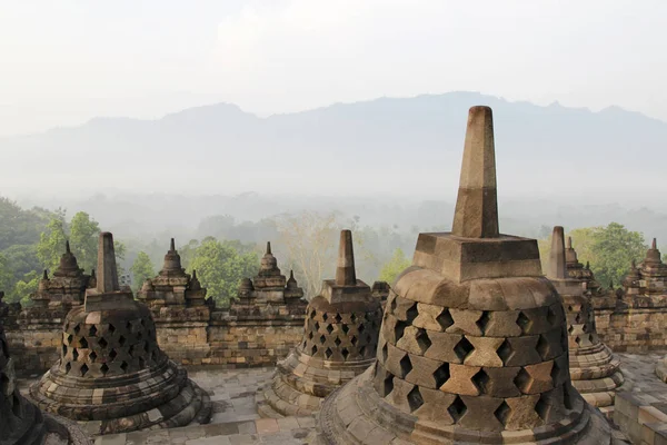 Borobudur Tapınağı Gizemler orman şafakta, Yogyakarta, Endonezya çevreleyen ile