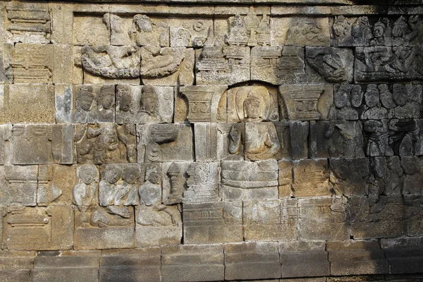 Baixo Relevo Bonito Decoração Parede Esculpida Pedra Templo Borobudur Yogyakarta — Fotografia de Stock