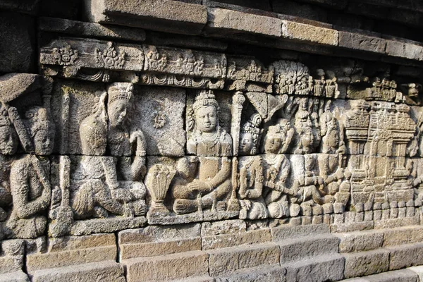 Hermosa Decoración Pared Bajorrelieve Tallada Piedra Templo Borobudur Yogyakarta Indonesia — Foto de Stock