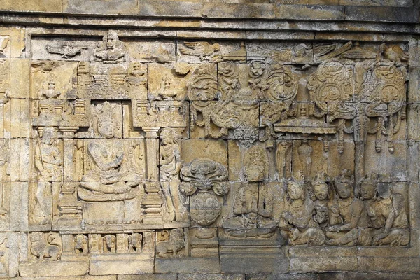 Hermosa Decoración Pared Bajorrelieve Tallada Piedra Templo Borobudur Yogyakarta Indonesia — Foto de Stock