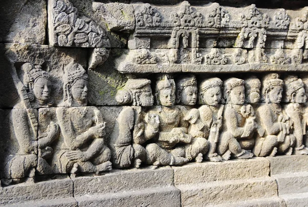 Hermosa Decoración Pared Bajorrelieve Tallada Piedra Templo Borobudur Yogyakarta Indonesia — Foto de Stock