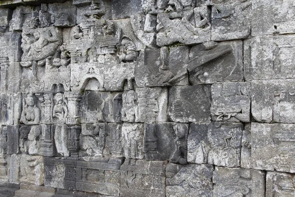 Krásný Basreliéf Obkladů Vytesané Kamene Borobudur Temple Yogyakarta Indonésie — Stock fotografie